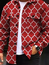 economico giacca camicia da uomo-Per uomo Geometria Camicia Giacca da camicia Sovracamicia Manica lunga Informale Esterno Strada Casual / quotidiano Autunno inverno Collo ripiegabile Bottoni Tasche Stampa Nero Rosso Blu Viola
