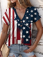 ieftine Ziua Independenței Top-Tricou patriotic femei cu steag american stilat roșu alb și albastru mânecă scurtă gât în V regular print cu butoane albastru vară