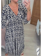 abordables Robes fleuries décontractées-robe décontractée pour femme imprimé floral col en V robe longue robe maxi ethnique décontractée tous les jours vacances manches 3/4 été