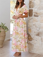 preiswerte Kleider für die Ferien-Damen Blumen Plissee Rüschen V-Ausschnitt Puffärmel Midikleid Party Kurzarm Sommer