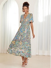 abordables Robes de vacances-robe midi bohème pour femme col en V manches courtes imprimé cachemire évasé été décontracté tissu léger et respirant coloré style bohème vacances vêtements de plage multicolore disponible en