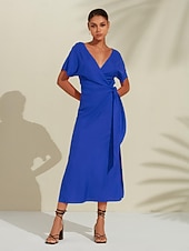 Robe midi portefeuille froncée en lin tencel pour femme orange rouge col en V abordables Robes décontractées-Robe midi portefeuille froncée en lin tencel pour femme orange rouge col en V