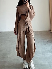 cheap Sets-Women&#039;s Fashion Shirt Two Piece Sets Pants Sets Pants Trousers Long Sleeve Round Neck Plain Ruffle Split Holiday Weekend Black Brown Beige Spring &amp; Summer Regular Fit