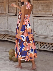 abordables Robes de vacances-Femme robe longue Robe casual Robe Évasée Robe Trapèze Robe d&#039;été mode Décontractées Vacances du quotidien Rendez-vous Standard Floral Feuille Sans Manches Dos nu Rouge Violet Orange Vert Eté