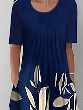 abordables Robe Fleurie-Robe Midi Femme Robe Décontractée Robe Tunique Bleu Marine Manches Courtes Fleurie Froncée Printemps Été Col Rond Basique Quotidien Vacances Week-end 2023 S M L XL XXL 3XL