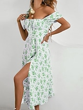 cheap Casual Floral Dresses-Women&#039;s Casual Dress Swing Dress Floral Split Print Square Neck Midi Dress Stylish Casual Daily Date Short Sleeve Summer