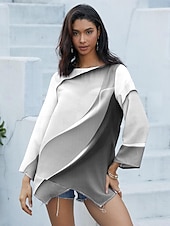 economico Top d&#039;Arte e Design per Donne-Blusa da donna a maniche lunghe con orlo asimmetrico tunica chiffon elegante stampa ombre neon e brillante orlo asimmetrico top lunghi scollo rotondo casual giornaliero rosa viola arancione verde