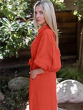 economico vestito casual-maxi abito chemisier in lino con tasche con lacci
