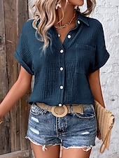cheap Work Tops-Women&#039;s Blouse V-Neck Button-Up Textured Pattern Casual Short Sleeve Summer Top Faded Blue Regular Fit Lightweight Breathable