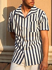 preiswerte Herrenhemd zum Knöpfen-Herren Hemd Sommerhemd Freizeithemd Kuba-Kragen-Hemd Knopfhemd Camp-Kragenhemd Schwarz Blau Kurzarm Gestreift Umlegekragen 3D-Druck Ferien Streifen Bekleidung Polyester Farbblock Klassisch Lässig