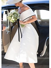 preiswerte Kleine weiße Kleider-Hochzeitskleider A-Linie Off-Shoulder Kurzarm Tee-Länge Stretchstoff Brautkleider mit Einfarbigem Material 2025
