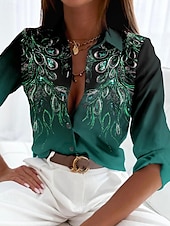 economico Top d&#039;Arte e Design per Donne-Camicia Donna Basic Giornaliera Stampa Bottoni Maniche Lunghe Top Regolari Collo Camicia Casual Blu Verde Autunno  Inverno