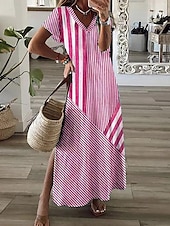 levne Dovolená šaty-dámské ležérní šaty proužek patchwork potisk v krku midi šaty elegantní stylové rande dovolená léto podzim