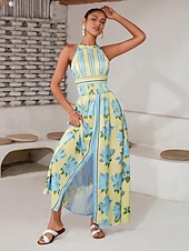 preiswerte Elegante Blumenkleider-Damen Neckholder-Kleid Kleid drucken Maxidress Gelb Blau Ärmellos Blumen / Pflanzen Rückenfrei Elastische Taille Print Sommer Halfterhals Urlaub XS S M