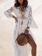 tanie Białe koronkowe sukienki-Damskie Sukienka maxi Biała sukienka Biała koronkowa suknia ślubna Sukienki w stylu boho Sukienka Boho Elegancja Bohema Linia A Urlop Święto Regularny Długi rękaw W serek Biały Morelowy Lato