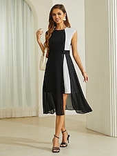cheap Maxi Black Dress-Women&#039;s Asymmetric Hemline Color Block Dress Sleeveless with Waistband Elegant Party Black White Spring Summer Standard Fit Apparel