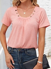 cheap Plain tee-Women&#039;s Tunic Plain Stylish Short Sleeve Crew Neck Regular Tops Daily Buttons White Pink Khaki Gray Summer Spring Fall