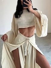 cheap Sets-Women&#039;s Fashion Shirt Two Piece Sets Pants Sets Pants Trousers Long Sleeve Round Neck Plain Ruffle Split Holiday Weekend Black Brown Beige Spring &amp; Summer Regular Fit