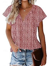 voordelige Dames eenvoudige tops-Dames Overhemd Blouse Luipaard Casual Korte mouw V-hals Normale tops Dagelijks Veters Afdrukken Zwart Geel Rood blauw Groen Zomer