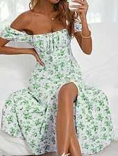 cheap Casual Floral Dresses-Women&#039;s Casual Dress Swing Dress Floral Split Print Square Neck Midi Dress Stylish Casual Daily Date Short Sleeve Summer