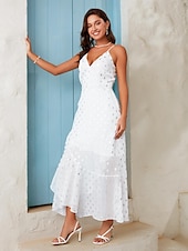 ieftine Rochii de Party-Pentru femei Rochie împachetată Rochie metalica Rochie Maxi Alb Bretele subțiri Metalic Buline Bufantă Nodul cravatei Înfășurați Primavara vara Guler Trecut Elegant Dată XS S M