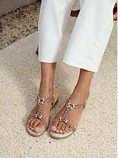 cheap Vacation Sandals-Women&#039;s Rhinestone Embellished T-Strap Sandals – Boho Glitter Flat Sandals with Elastic Ankle Strap for Summer Beach and Party Wear