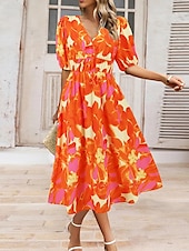 abordables Robes fleuries décontractées-Femme Robe mi-longue Robe casual Robe Évasée Robe Trapèze Robe d&#039;été mode Décontractées Vacances du quotidien Rendez-vous Standard Floral Manche Courte Col V Rose Claire Bleu Orange Vert Eté