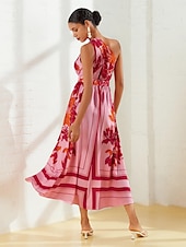 abordables robe décontractée imprimée-Femmes Robe Imprimée Robe maxi Rose Claire Sans manches Fleuri Style Floral Boucle Été Une Épaule Robes Vacances S M L