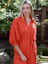 economico vestito casual-maxi abito chemisier in lino con tasche con lacci