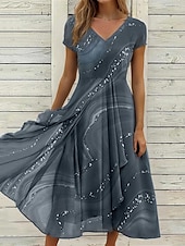 baratos Vestidos de Festa-Mulheres Vestido midi Vestido casual Vestido de chiffon Vestido Swing Vestido A Line Roupa de rua Evasê Férias Rua Feriado Normal Âmbar impressão de mármore Manga Curta Decote V Cinzento Verão
