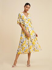 abordables robe décontractée imprimée-robe mi-longue fluide à imprimé floral