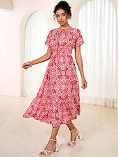 abordables Robes de vacances-robe longue en mousseline de soie à fleurs et feuilles pour femmes, col noué, manches courtes, été
