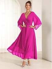 economico Abiti da festa-abito da cocktail per invitati a nozze da donna in chiffon tinta unita con volant intrecciato elegante abito lungo estivo scollo a V svasato manica a 3/4