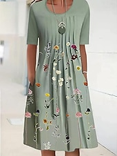 abordables Robe Fleurie-Robe Midi Femme Robe Décontractée Robe Shift Imprimé Floral Froncé Col Rond Basique Quotidien Manches Courtes Été Printemps