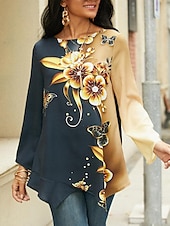 cheap Floral Tops-Women&#039;s Blouse Chiffon Floral Print Long Sleeve Long Tops Round Neck Casual Holiday Yellow Blue Green Spring &amp;  Fall