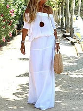 abordables Vestidos-vestido largo de mujer vestido con tacto de lino vestido recto vestido de verano vestido blanco ropa urbana maxi casual vacaciones calle vacaciones corte regular manga corta hombros descubiertos negro blanco rojo caqui verano