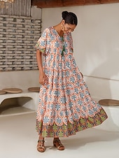 Per donna Vestito a ruota Abito Stampato Abito maxi Arcobaleno Maniche Corte Totem Nazionale Stampa Estate Scollo a V Vacanza Etnico. XS S M economico Abiti floreali-Per donna Vestito a ruota Abito Stampato Abito maxi Arcobaleno Maniche Corte Totem Nazionale Stampa Estate Scollo a V Vacanza Etnico. XS S M