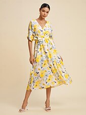 abordables robe décontractée imprimée-robe mi-longue fluide à imprimé floral