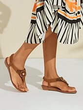 cheap Vacation Sandals-Women&#039;s Boho Beach Black T-Strap Flat Sandals with Elegant Beaded Embellishments | Sophisticated Evening Summer Footwear