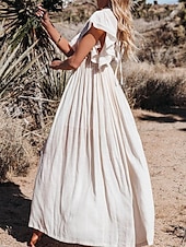 preiswerte Kleider aus Baumwolle und Leinen entwerfen-Damen Maxikleid Leinen-inspirierte Kleider Weißes Kleid Schwingkleid Sommerkleid Streetwear Maxi Basic Urlaub Ferien Strand Lässiger Schnitt Kurzarm V Ausschnitt Schwarz Weiß Khaki Beige Sommer