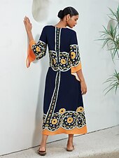 billige uformell kjole med trykk-Dame Resort Wear Maxikjole Navyblå 3/4 ermer Folk Printer Vår sommer V-hals Fritid Strandferie XS S M