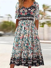 abordables Vestidos boho-Mujer Vestido Midi Vestido informal Vestido de verano Vestido bohemio Étnico Casual Vacaciones Diario Cita Ajuste regular Floral Manga Corta Cuello Barco Blanco Azul Marino Azul Real Azul Piscina