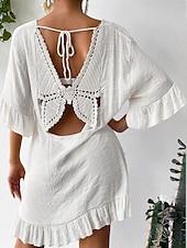 cheap Beach Dresses-Women&#039;s Beach Dresses Mini Dress Backless Ruffle Hem Vacation Beach Streetwear Basic V Neck 3/4 Length Sleeve Black White Color