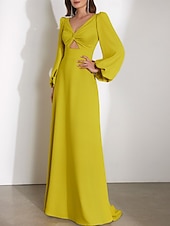 זול שמלות אורח כלה-שמלות אורח חתונה בשמלות A-Line אלגנטיות חגיגית חתונה באורך רצפה עם שרוולים ארוכים צוואר V שיפון עם קפלים