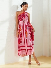 abordables robe décontractée imprimée-Femmes Robe Imprimée Robe maxi Rose Claire Sans manches Fleuri Style Floral Boucle Été Une Épaule Robes Vacances S M L