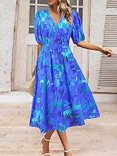 abordables Robes fleuries décontractées-Femme Robe mi-longue Robe casual Robe Évasée Robe Trapèze Robe d&#039;été mode Décontractées Vacances du quotidien Rendez-vous Standard Floral Manche Courte Col V Rose Claire Bleu Orange Vert Eté