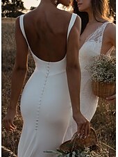 billiga lediga bröllopsklänningar-Bröllopsklänningar strandbröllop kroppsnära camisole spaghetti remsor domstolslinga satin bröllopsklänningar med pärlor solid färg