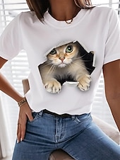 economico Maglietta Animali-Per donna maglietta Maglietta divertente Nero Bianco Pop art Gatto Stampa Manica corta Informale Giornaliero Essenziale Rotonda Standard 100% cotone Gatto 3D S