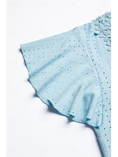 cheap Lace Tops-Women's Pointelle Shirt Eyelet Top Lace Shirt Lace Short Sleeve Flutter Sleeve Crew Neck Casual Daily Beach Blue Black White Pink Summer