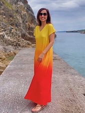 economico Abiti Tie Dye e Gradient-Abito Maxi Donna Abito Casual Abito Estivo Abito Shift Abito Tropicale Spalla Cadente Vacanza Vestibilità Larga Ombre Arco Iris Gradiente di Colore Manica Corta V Collo Blu Viola Chiaro Arancione